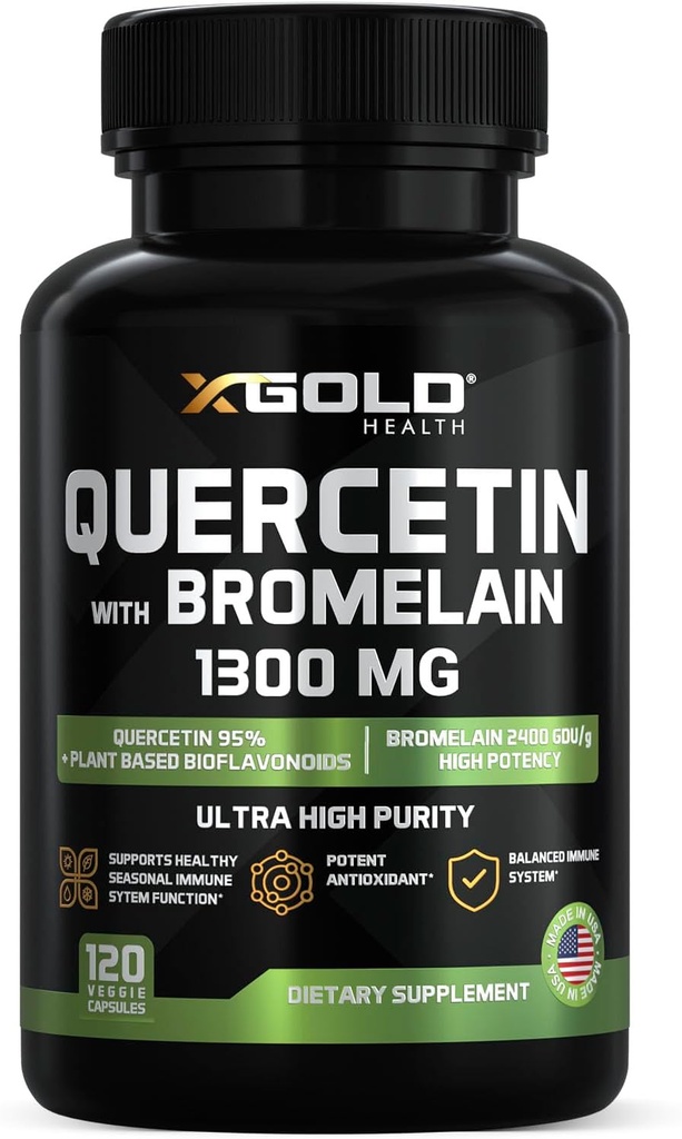 Quercetina + Bromelain 1,300mg – Quercetina: 95% - Altamente Purificado y Altamente Biodisponible Plus Bromelain 2,400 GDU/g - Hecho en EE.UU.