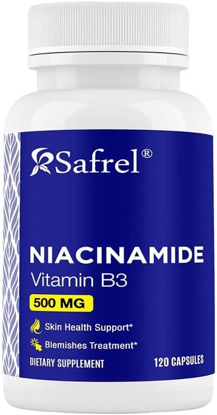 Safrel Niacinamide 500mg (Vitamin B3) - 120 cápsulas - Skin Health &amp; Blemish Support - Non-GMO, Gluten-Free - Fórmula libre de fluidos - para la salud de hombres y mujeres