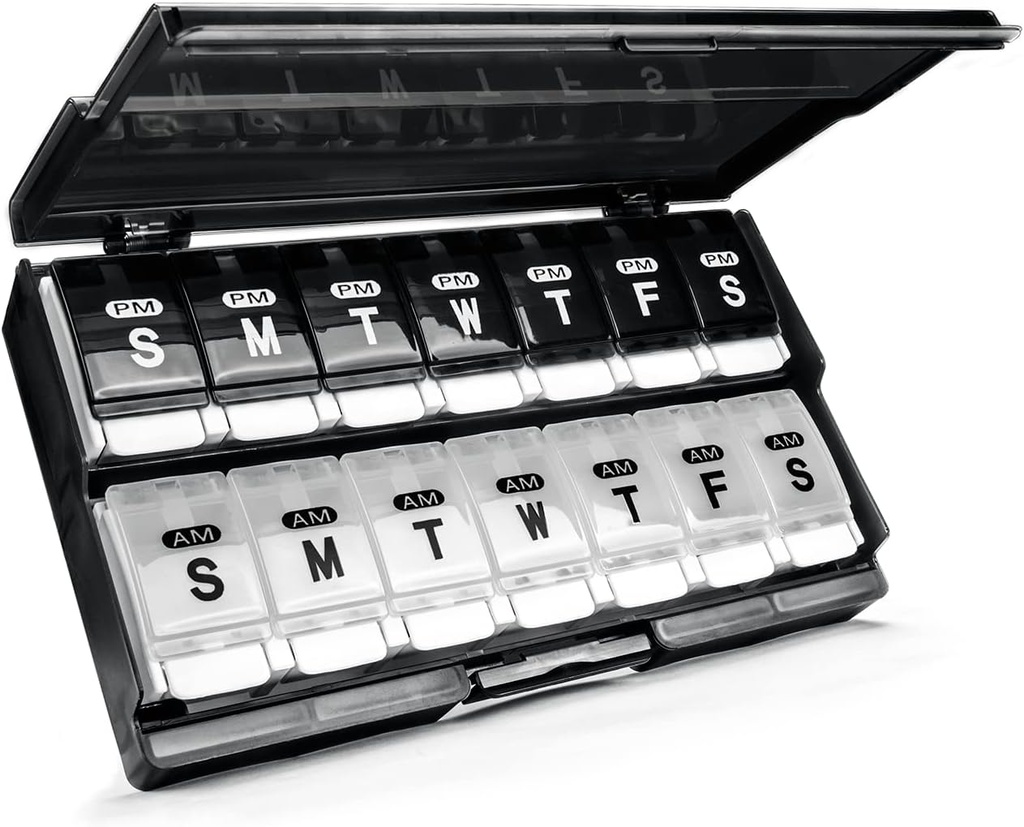 Extra Large Weekly Pill Organizer 2 veces al día - Remtise Am/Pm Daily Pill Case Medicine Organizer, Push Button 7 Day Pill Box for Pills/Vitamin/Cod Liver Oil/Supplements (Black & White)