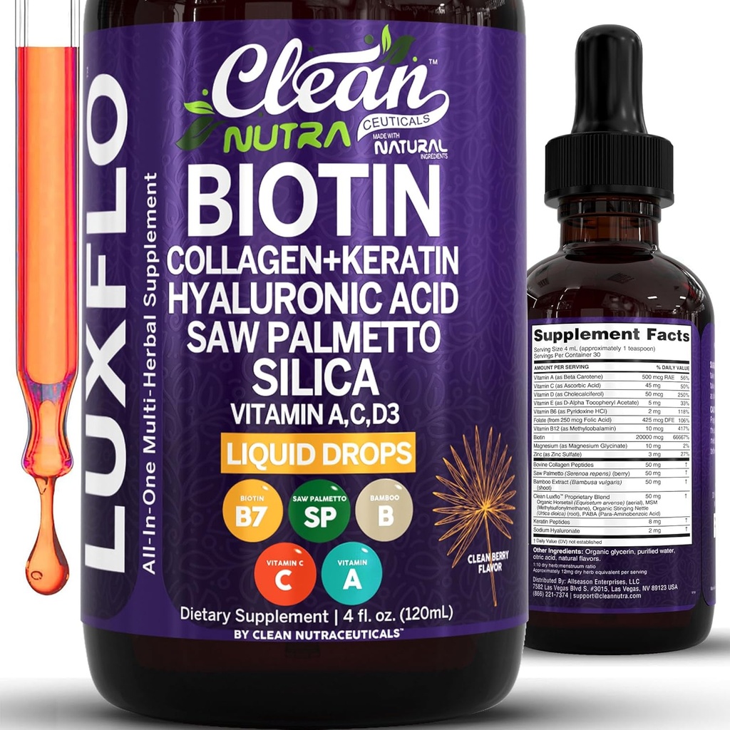 Biotina gotas líquidos Collagen Keratin Hialuronic Acid Saw Palmetto for Hair Skin and Nails Silica Vitamina A C Vitamina D Bamboo Turmérico Zinc Folate Magnesium Horsetail LuxGlo by Clean Nutra