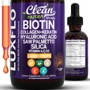 Biotina gotas líquidos Collagen Keratin Hialuronic Acid Saw Palmetto for Hair Skin and Nails Silica Vitamina A C Vitamina D Bamboo Turmérico Zinc Folate Magnesium Horsetail LuxGlo by Clean Nutra