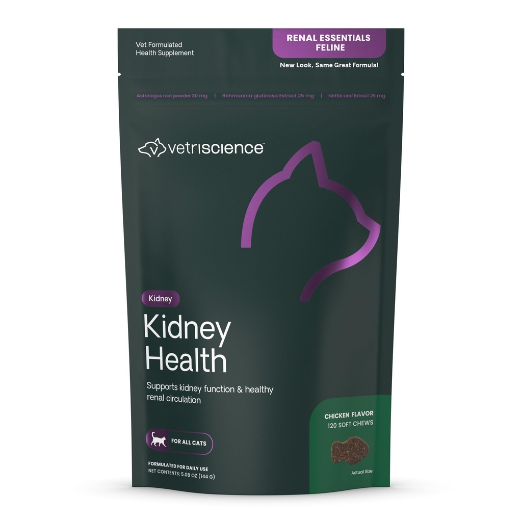 VetriScience Kidney Health Chews, Renal Essentials Supplement for Cats, Kidney Care and Support with Mushroom, Astragalus Root, Nettle Seed and Herbs, Chicken, 120 Count