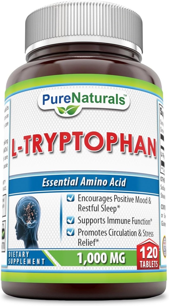 Naturales puros L-Tryptophan Suplemento TENIDO 1000 Mg Por Serving TENIDO 120 Tablets ← Non-GMO ANTE Gluten-Free TEN Made in USA