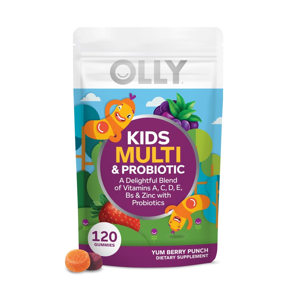 OLLY Kids Multivitamin &amp; Probiotic Gummy, Digestive Support, Vitaminas A, D, C, E, B, Zinc, Chewable Supplement, Berry Flavor, 60 días de suministro - 120 Cuenta