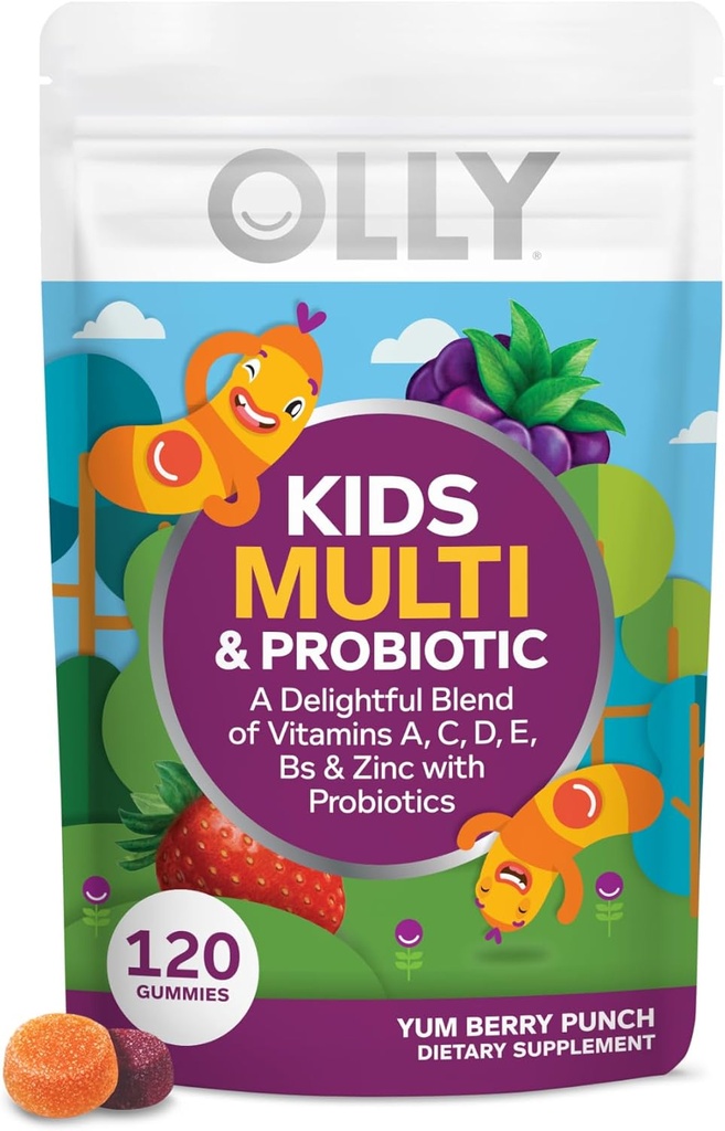 OLLY Kids Multivitamin &amp; Probiotic Gummy, Digestive Support, Vitaminas A, D, C, E, B, Zinc, Chewable Supplement, Berry Flavor, 60 días de suministro - 120 Cuenta