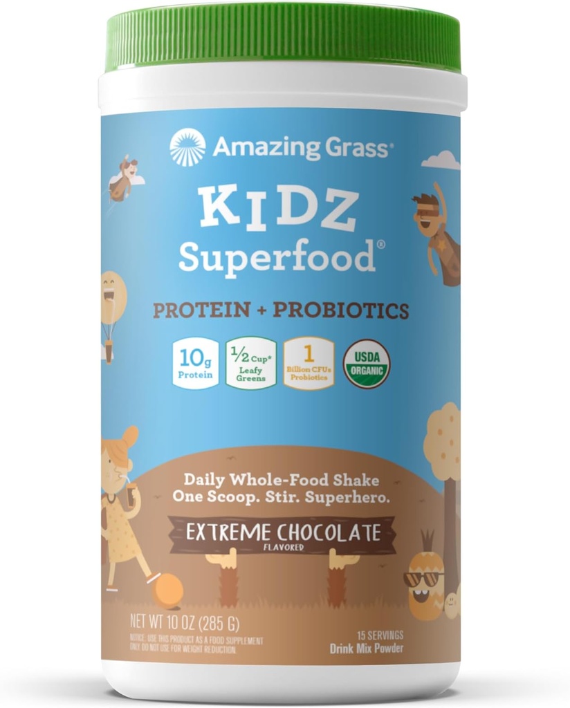 Increíble Grass Kidz Superfood: Vegan Protein " Probióticos para niños con patata de remolacha " 1/2 taza de verduras de sorda, Extreme Chocolate, 15 Servimientos