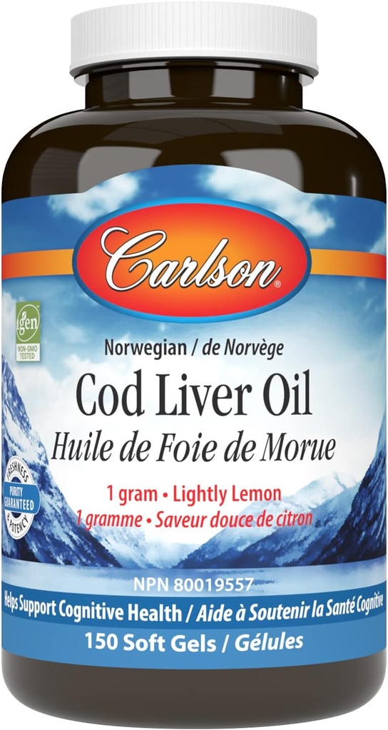 Carlson - Cod Liver Oil Gems, 460 mg Omega-3 + Vitaminas A &amp; D3, Wild-Caught Norwegian Arctic Cod-Liver Oil, Sustentablemente Fuented Nordic Fish Oil Capsules, Lemon, 150 Soft Gels