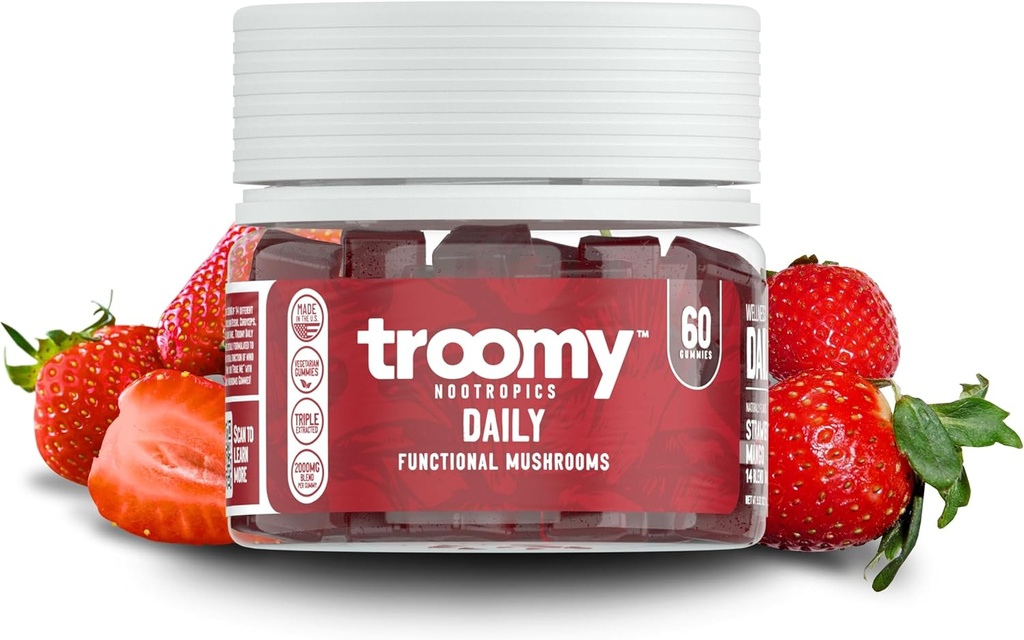 Troomy Daily 14 Mushroom Blend Gummies - Great Tasting Natural Mango Strawberry Flavor, Gelatin-Free, Gluten-Free, Vegetarian - 60 Cuenta