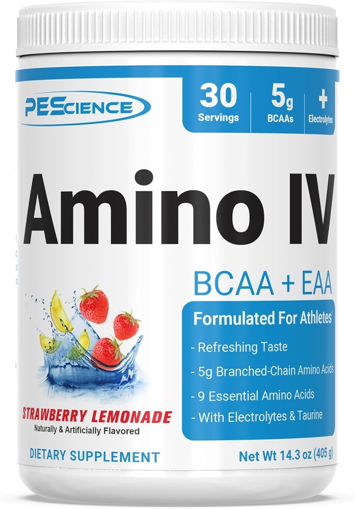 PEScience Amino IV BCAA &amp; EAA Powder, Aminoácidos Esenciales, Taurine, Electrolitos para Hidratación y Recuperación de Musculos, Azúcar Gratis para Mujeres, Post Workout - Strawberry Lemonade - 30 Serviciones