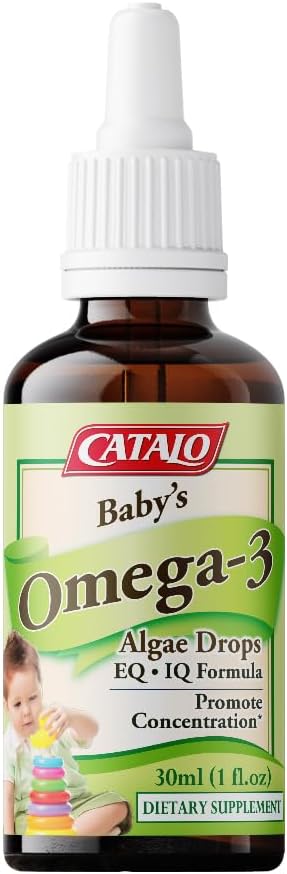 Algas de bebé CATALO Omega-3 DHA Suplementos – Aceite de algas de base vegetal con DHA &amp; EPA, Fórmula líquida para bebés, niños pequeños, gotero de vidrio fácil de usar, 2x 30ml