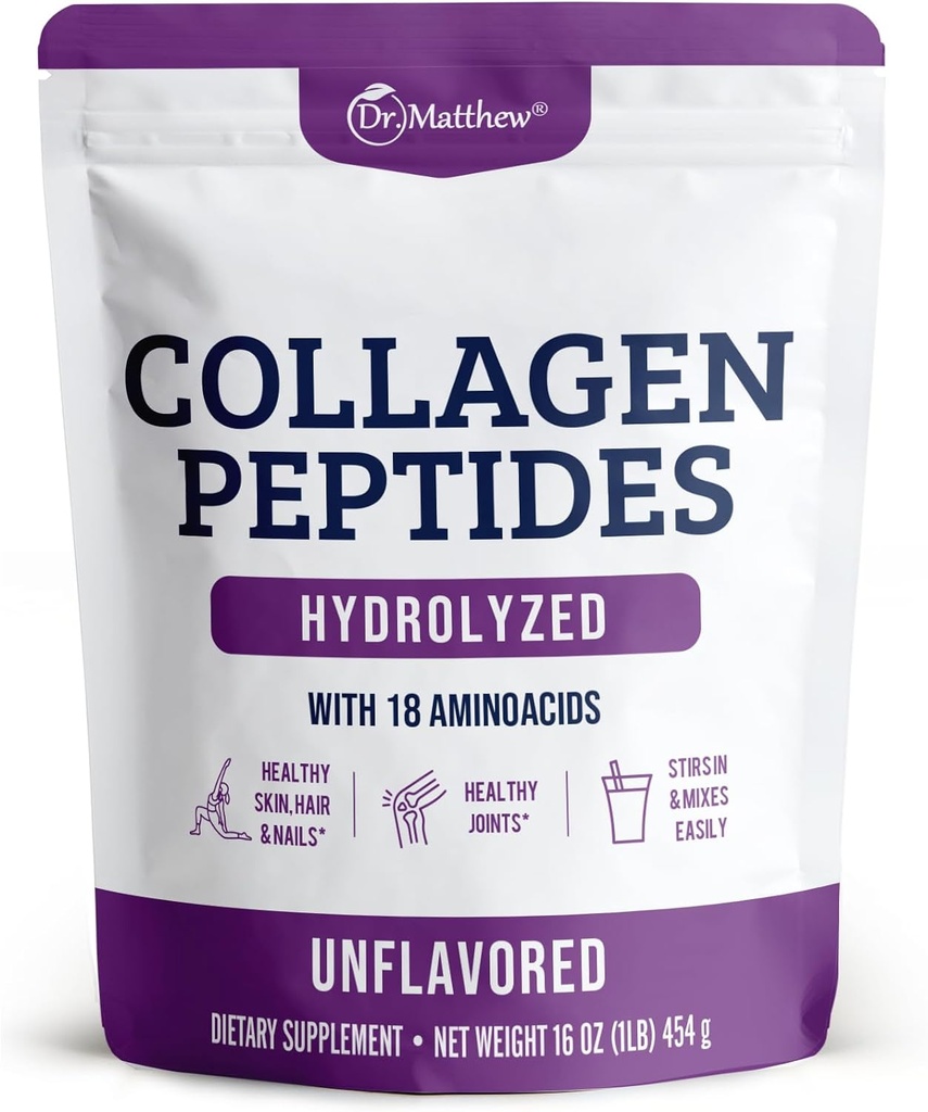Dr. Matthew Hydrolyzed Collagen Peptides Powder - Unflavored " Grass Fed Protein Supplement for Hair, Skin, Joints - Non-GMO, Keto-Friendly, Tipo 1 y 3, para Mujeres y Hombres