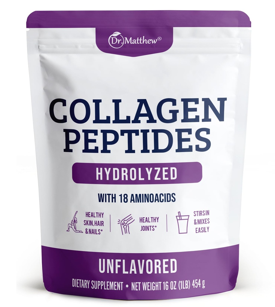Dr. Matthew Hydrolyzed Collagen Peptides Powder - Unflavored " Grass Fed Protein Supplement for Hair, Skin, Joints - Non-GMO, Keto-Friendly, Tipo 1 y 3, para Mujeres y Hombres