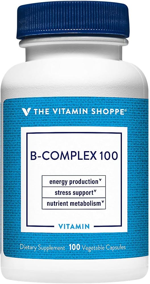 El Complejo Vitamin Shoppe B 100 – apoya la producción de energía, la función del sistema nervioso " Metabolismo Nutriente - Excelente fuente de B1, B2, B6, B12, Niacin, ácido fólico " Biotin (100 cápsulas vegetales)
