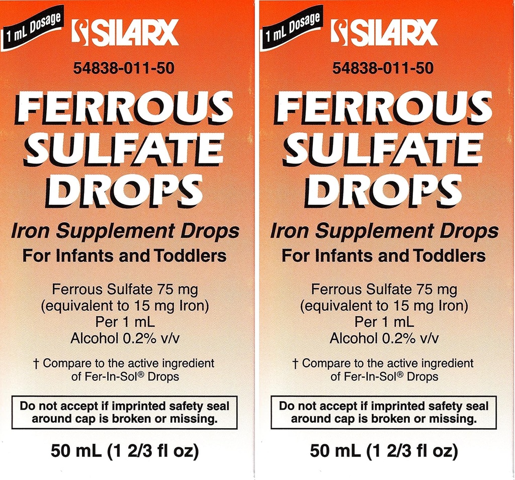 Ferrous Drops Iron Supplement Peppermint Flavor Generic for Enfamil Fer-in-Sol Iron Supplement Drops for Infants, Toddlers & Children Measuring Dropper Included 50 ml per Bottle Pack of 2