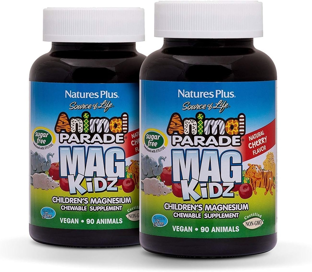 NaturesPlus Animal Parade MagKidz, Natural Cherry Flavor - 90 Animal-Shaped, Chewable Tablets - Pack of 2 - Bone &amp; Muscle Health Support - Non-GMO, Vegan, Gluten Free, Sugar Free - 90 Total Servings
