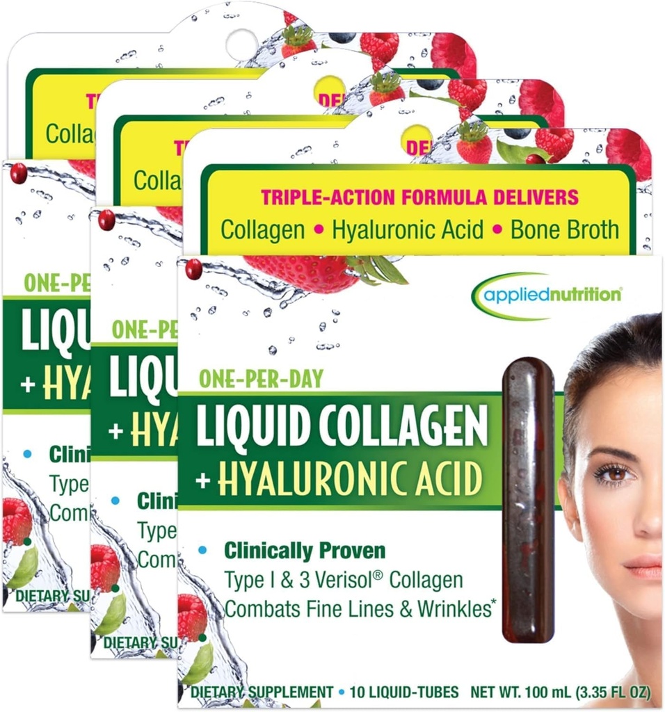 Nutrición aplicada Collagen líquido + ácido hialurónico - 10 tubos líquidos, paquete de 3 - Restauración de uñas de piel - sabor de baya mixta - 30 piezas