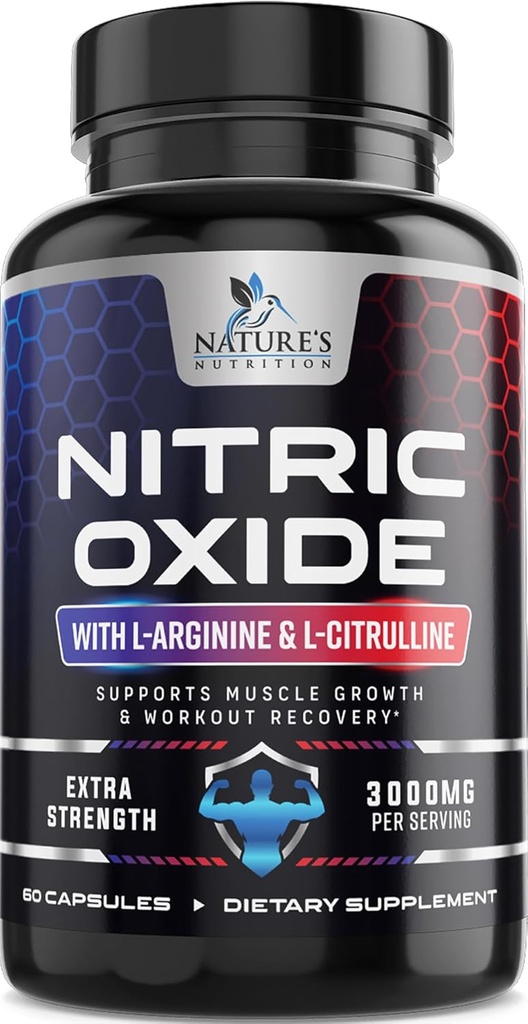 Nitric Oxide Booster Extra Strength 3000mg - 3X Strength L-Arginine & Citrulline, Best Nitric Oxide Suplementos para Hombres, Supports Muscle, Heart Health, Energy Supplement, Bottled in USA, 60 cápsulas