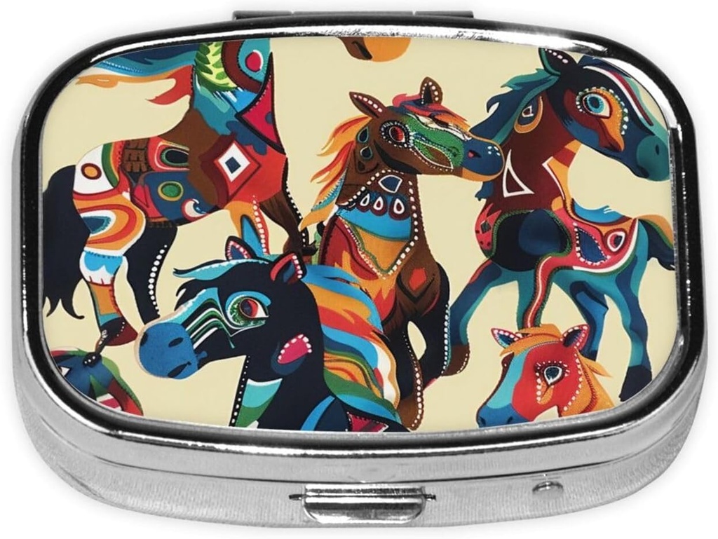Colorido Caballo de Caricatura Impresión Pill Organizer con 2 Compartimientos, Caja de Pill Mini Portable para Medicina, Vitamina, Aceite de Pesca, Suplementos