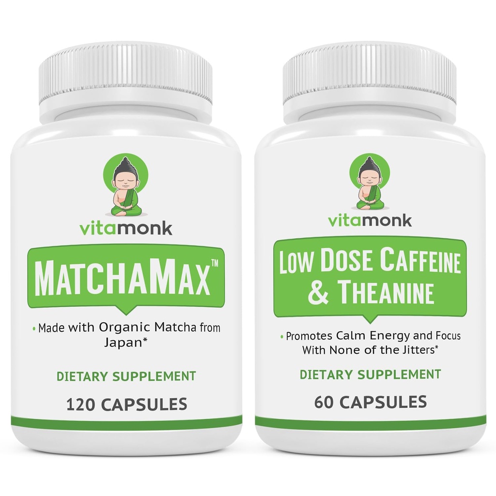 VitaMonk Energy & Focus Bundle: MatchaMax Organic Japanese Matcha Capsules Low Dose Caffeine and Theanine
