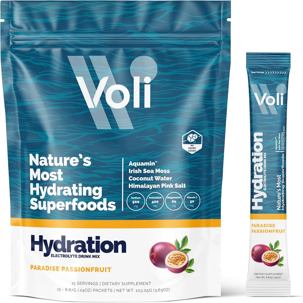 Voli Electrolytes Powder Packets ← No Añadido Sugar Electrolyte Drink Mix for Hydration ¦ Keto & Fasting Friendly, Natural Superfoods & Minerals ← Passionfruit, 15-Count
