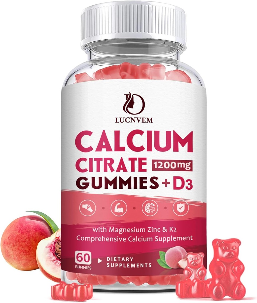 Calcio Citrato 1200 mg con vitamina D3 Gummies, Calcio Gummies con vitamina D3 para Hombres, Cal Magnesio Zinc para Musculo Hueso Saludable- Natural Blanco Peach Flavor- 30 Day Supply