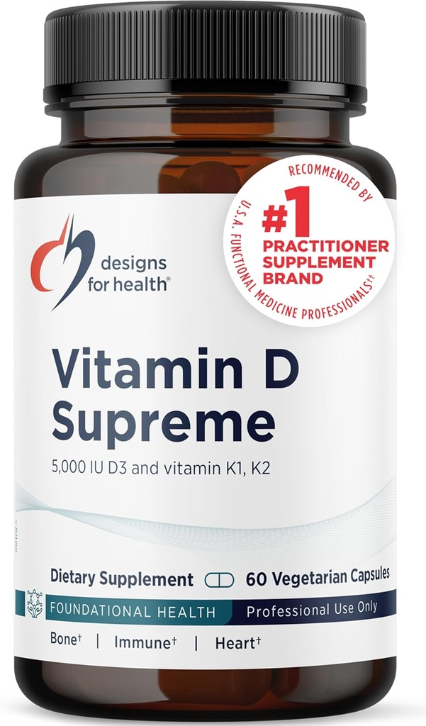 Diseños para la salud Vitamina D Supremo - Vitamina D 5000 UI con 2000mcg Vitamina K como MK4 para la salud ósea, la salud del corazón, el apoyo a la humedad - Vitamina D3 Mejorada con GG Suplemento (60 cápsulas)