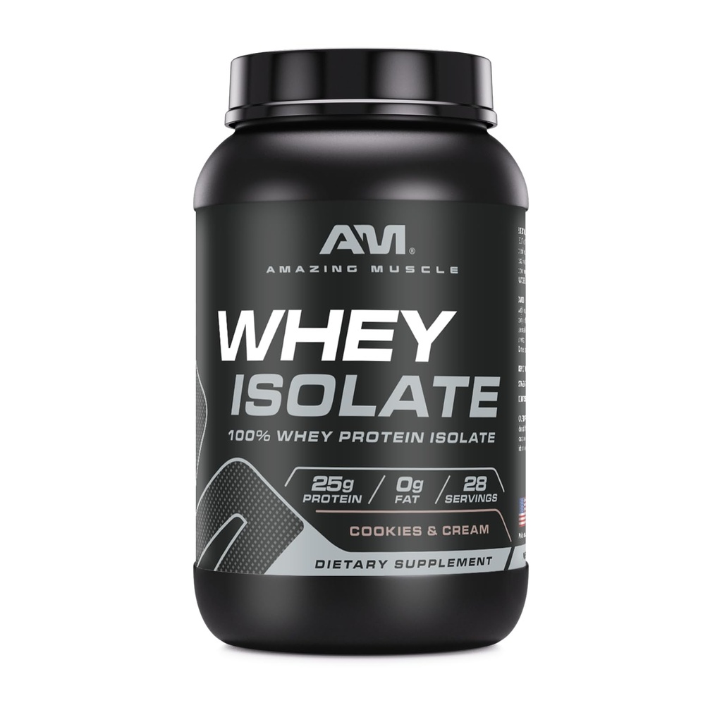 Amazing Muscle Whey Protein Isolate Powder ← 25 Grams Protein Por Serving ← 100% Whey Isolate ← Zero Fat TEN Made in USA (2 Lb, Cookies &amp; Crema)