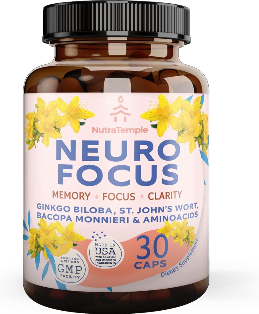 Brain Booster Gingko Biloba Supplement - Nootropics for Mind, Focus, Memory, Clarity with Bacopa Monnieri, St. Johns Wort - 30 Brain Food Capsules
