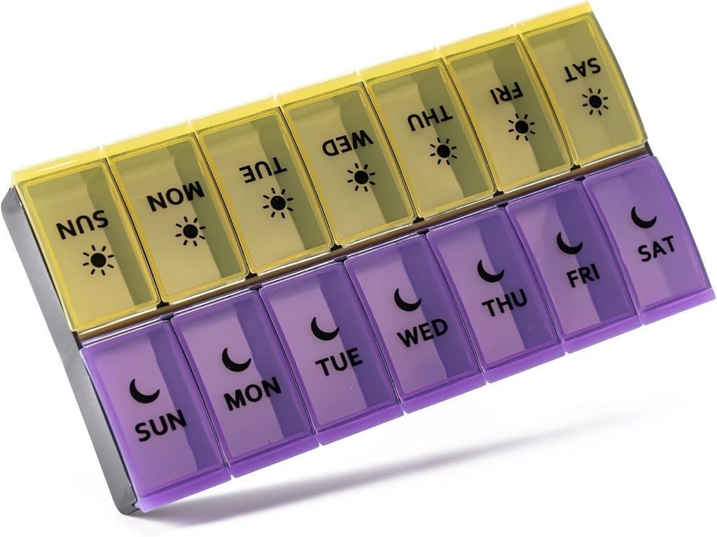 Gran organizador de píldoras 2 veces al día, caja de píldoras semanales, caja de píldoras AM PM, Contenedor de píldoras de día 7 días, dispensador de medicina de caso de vitamina dos veces al día (amarillo &amp; púrpura)