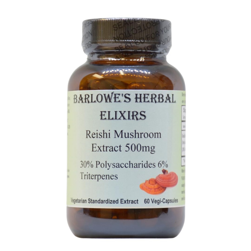 Barlowe's Herbal Elixirs Reishi Mushroom Extract Supplement ← Red Reishi Silencio Ganoderma Lucidum ←30% Polysaccharides soportar 6% Triterpenes  500mg ← 60 Veggie Capsules