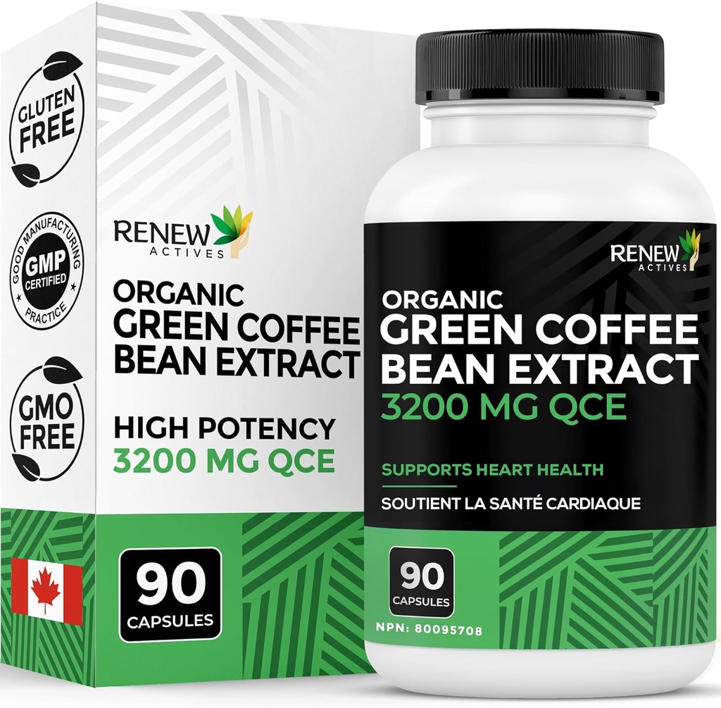 Renew Actives High Potency Green Coffee Bean Extract - 800 mg por Serving Green Coffee Bean Extracto con 50% de ácido clorogénico para beneficios antioxidantes - Hecho en Canadá - 90 cápsulas veganas