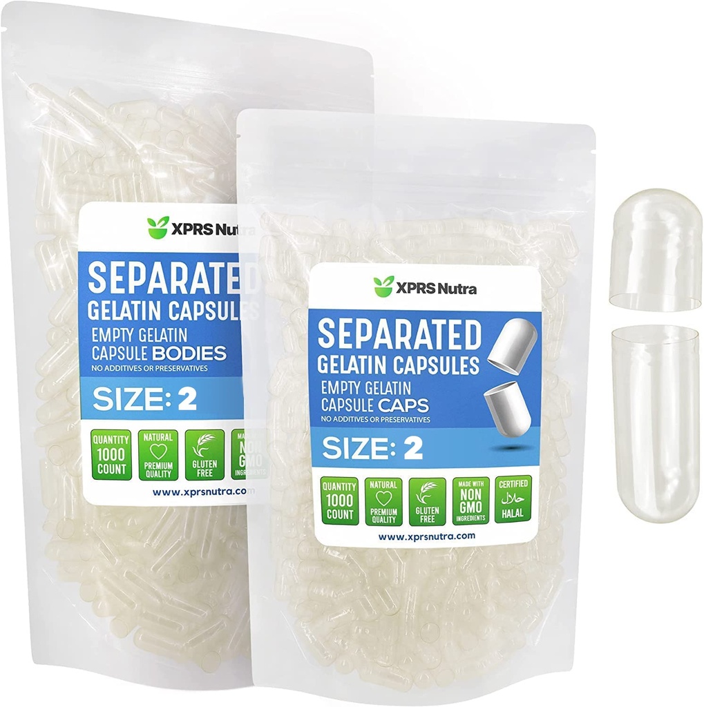 XPRS Nutra Gelatin Tamaño 2 Cápsulas separadas - 1000 Contar Cápsulas vacías Separadas en bolsas - Tamaño 2 Píldoras Gelatina Vacío para relleno de suplemento DIY