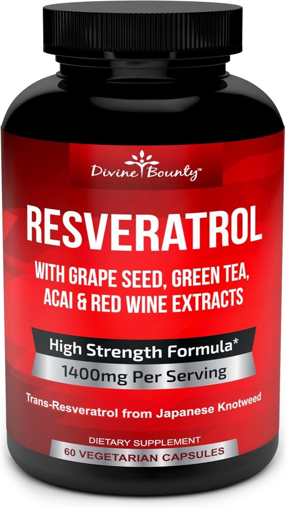 Suplemento de Resveratrol - 1400mg Fórmula de Fuerza Extra con Grape Seed Extract, Green Tea Extract, Red Wine Extract - 60 cápsulas de verduras