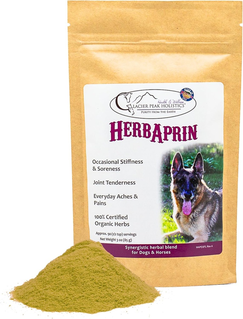 Glacier Peak Holistics HerbAprin - Alivio de Dolor Natural para Perros, Herb Orgánica Blend para Artritis, Aches, Pains, Inflamación, Apoyo a la Movilidad, y Hip &amp; Joint Discomfort - 3oz (90 Servings)