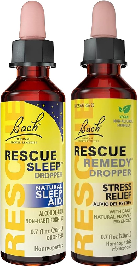RESCUE Stress Relief & Sleep Support Bundle, Non-Alcohol Formulas, Bach Remedy Dropper 20mL 2-Pack Sleep Dropper 20mL, Homeopathic Flower Essences