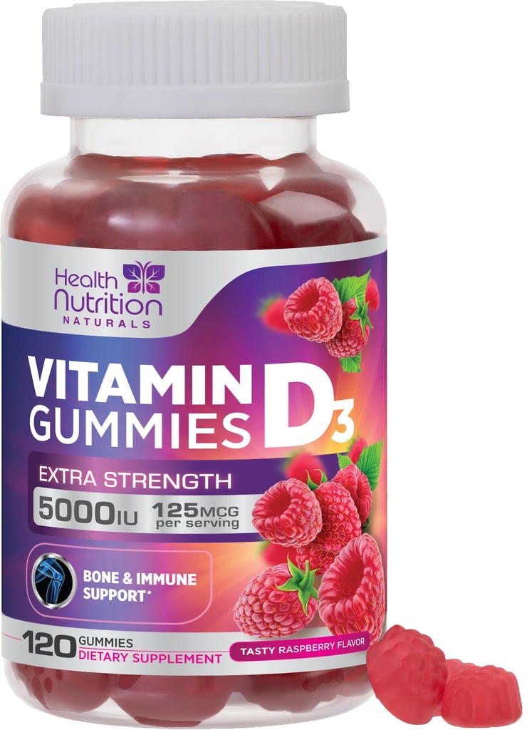 Vitamin D3 Gummies 125 mcg (5000 IU) Per Serving - 3X Strength Immune Support & Bone Support, Vitamin D Gummy Dietary Supplement, Nature's Berry D Vitamin Supplement, Raspberry Flavored - 120 Gummies