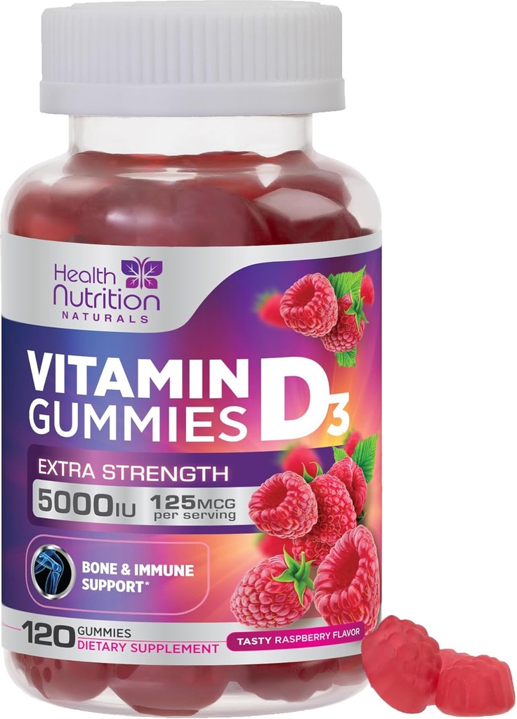 Vitamina D3 Gummies 5000 UI (125 mcg) - Triple Strength Bone and Immune Support, Vitamina D Gummy Dietary Supplement, Nature's Berry D Vitamin Supplement, Raspberry Flavored, Non-GMO - 120 Gummies