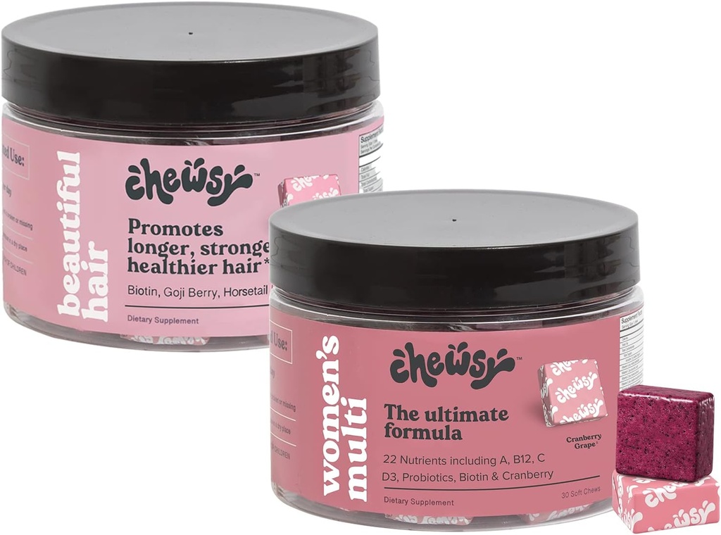 Multivitamina de mujeres con vitamina C, B12, A, D, E, ácido fólico, probióticos, biotina, arándano Hermoso cabello Vitamina, Biotina, Vitaminas C, A, B12, D3, Goji Berry para todos los tipos de cabello Chews, 30 días de suministro