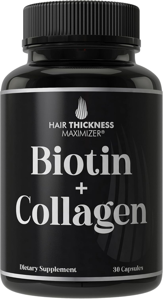 Suplemento de biotina y colágeno – 10,000mcg Biotina + Collagen de bovino para el cabello de la botella. Complejo avanzado de vitamina 2 en-1. Soportes Thicker, Crecimiento del cabello más saludable para mujeres, hombres