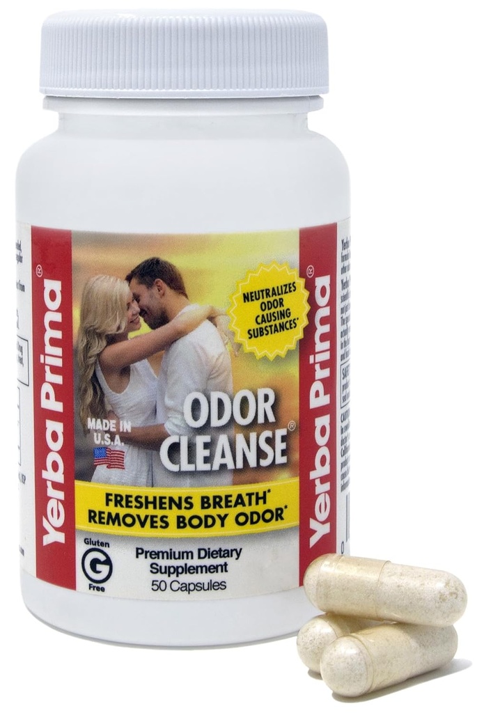 Yerba Prima Odor Cleanse 50 Capsules - Soportes Reducción de Odor Corporal BO y Breathe Fresco - Reducir Perchas de Ajo Extracto Patented Mushroom