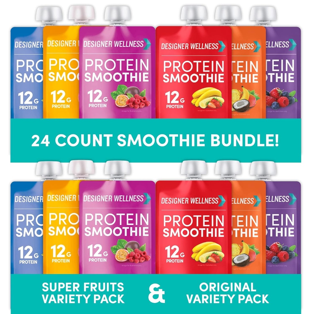 Diseñador Wellness Protein Smoothies Original Variety Pack & Super Fruits Variety Pack Bundle