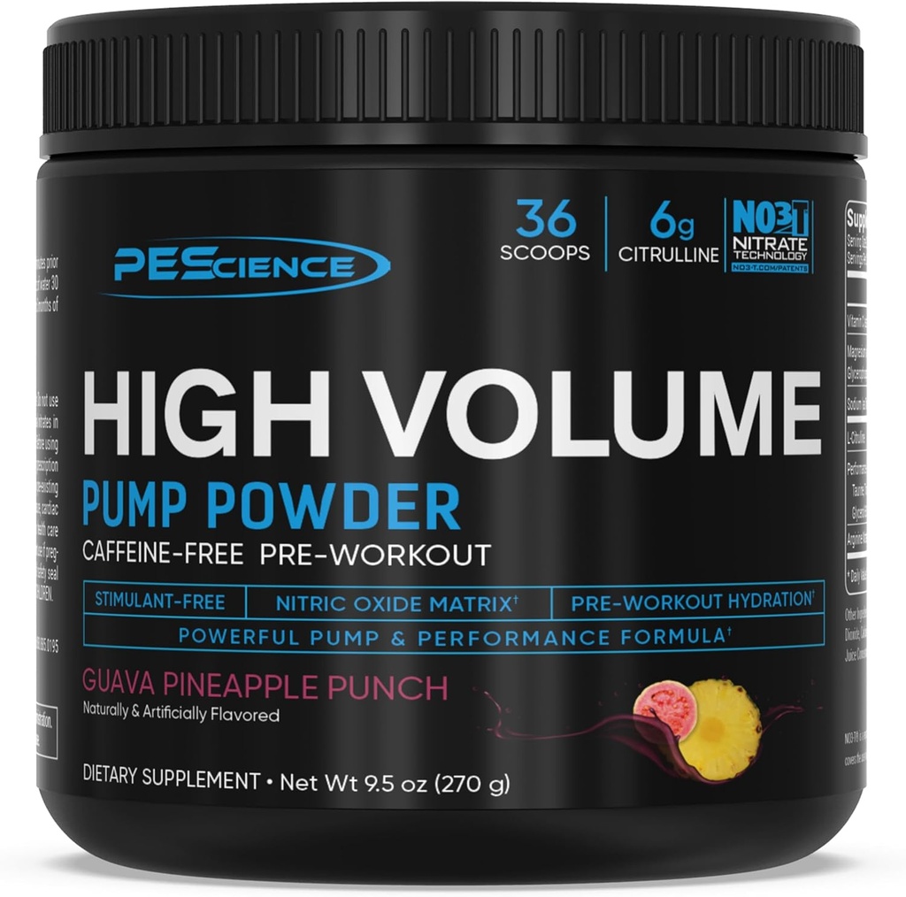 PEScience High Volume Stim-Free Pre Workout Pump Powder, Nitric Oxide Booster con L Citrulline &amp; L Arginine Nitrate, Non-Stim Preworkout para Hombres y Mujeres, 36 Scoops, Guava Pineapple Punch