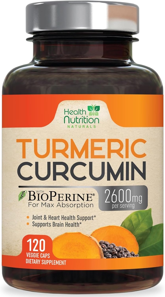 Curcumin Turmeric Suplemento 2600mg - 95% Curcuminoides con Turmeric Orgánica " BioPerine Black Pepper for Best Absorption, Nature's Vegan Joint Support, Non-GMO Tumeric, Bottled in USA - 120 Capsules