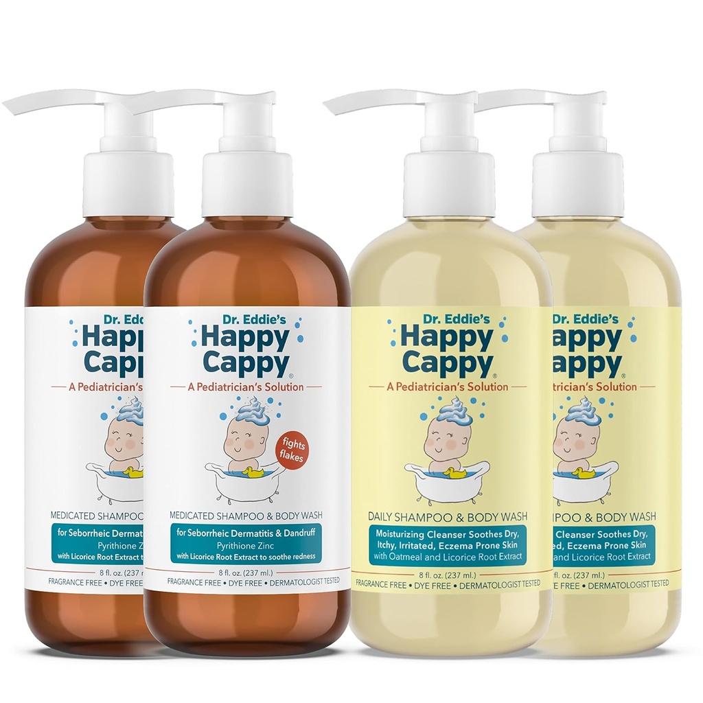 Happy Cappy Daily Medicated Shampoo and Body Wash Bundle - Baby Dandruff Shampoo, Ayuda a Cradle Cap y Dermatitis Seborreica, Reduce la enrojecimiento, Dermatólogo Tested, Fragrance-Free - 4 piezas