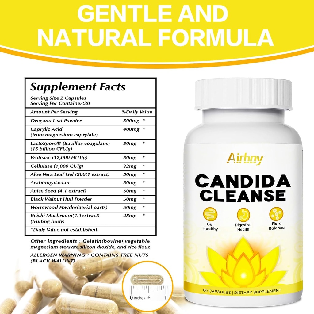 Airboy Candida Cleanse,Gut Colon Cleanse Detox for Women &amp; Men,Candi Support with Oregano Leaf, Caprylic Acid,Wormwood, Black Walnut-60 Counts