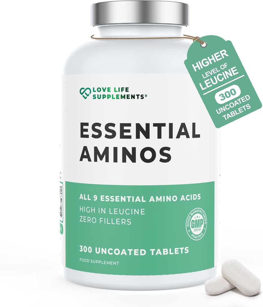 Aminoácidos esenciales - 300 Tablas fáciles de absorber / 60 Serviciones - Los 9 Aminoácidos EAA con los 3 BCAA's Plus 6 Más EAAs para construir y reparar musculo, 5-10g por ser, Alto en Leucine y Vegan