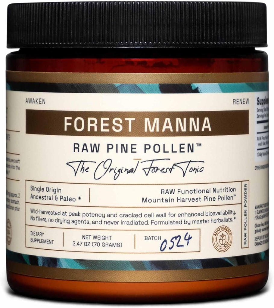 Forest Manna RAW Pine Pollen Powder – Adaptogenic Functional Nutrition – Single Origin Pine Pollen – Vegan, Gluten-Free, " Non-GMO – 70 Gram Jar