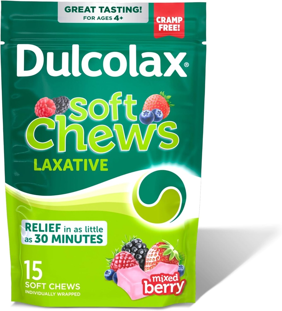 Dulcolax Saline Laxative Soft Chews, Gentle Constipation Relief, Mixed Berry Flavor, Magnesium Hydroxide 1200 mg, 15 Conde