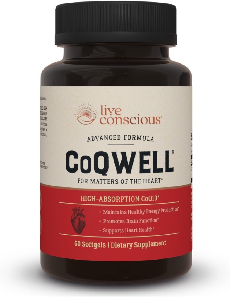 CoQWell consciente en vivo - CoQ10 Heart, Brain, and Vascular Health Support, Coenzyme Q10 Ubiquinone - 60 Softgels - 60 Day Supply