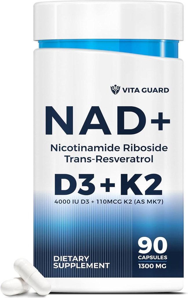Suplemento Anti-Aging Energy NAD – NMN Alternativa con Nicotinamide Riboside 1000mg, Trans-Resveratrol 300mg, Vitamina D3 4000 UI y K2 110 mcg MK7 – Vegetariana 60 cápsulas, 1300mg